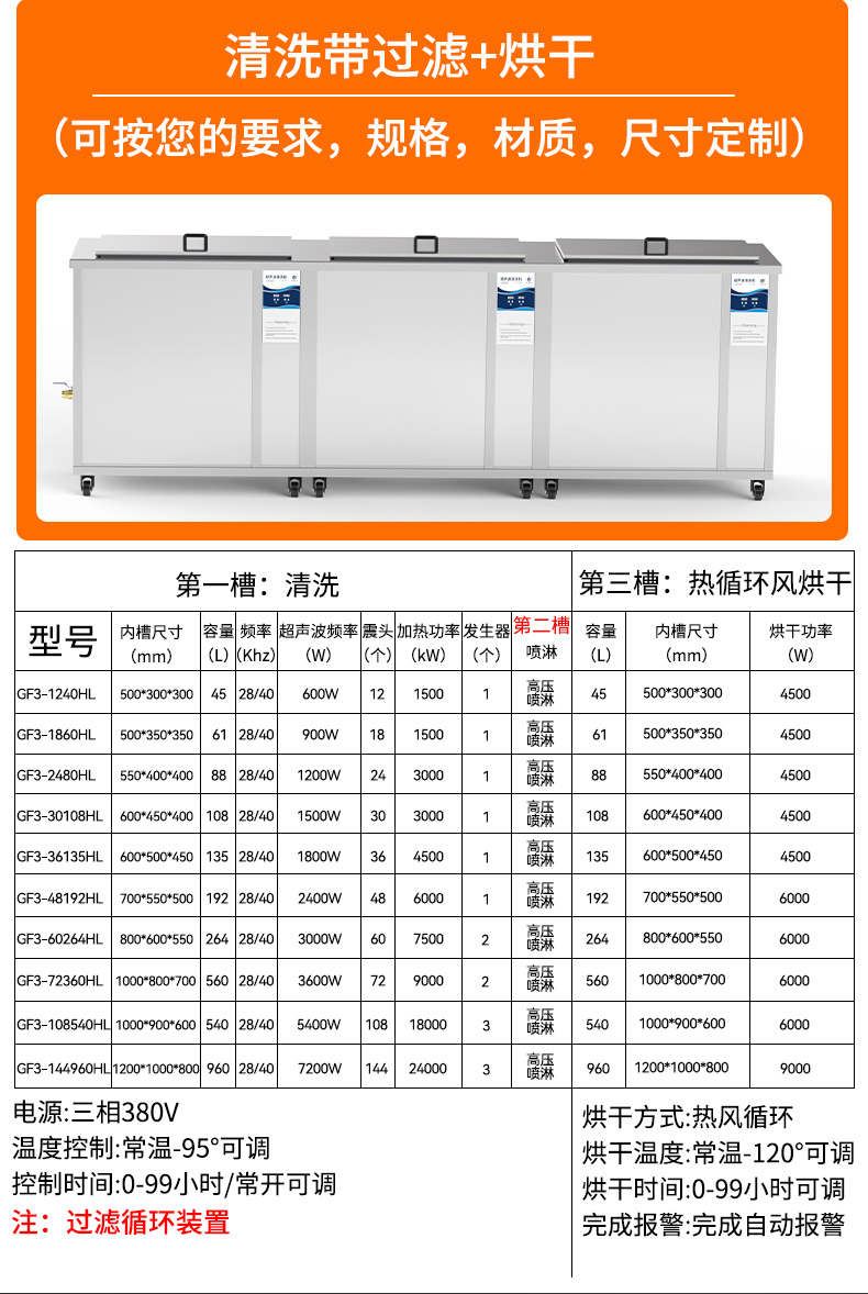 冠博仕GF1860HL三槽超聲波清洗機 | 61L/900W | 工業(yè)級過濾漂洗烘干三槽設備用于汽修模具五金除油除銹